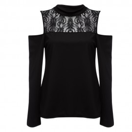 WOMEN'S CUT OUT SLEEVE LACE SPLICED BLOUSE (BLACK, SIZE L/XL)