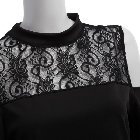 WOMEN'S CUT OUT SLEEVE LACE SPLICED BLOUSE (BLACK, SIZE L/XL)