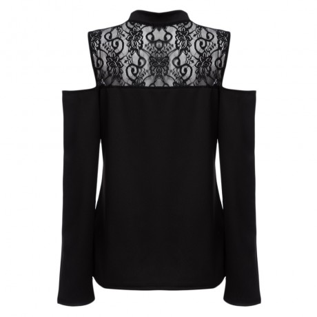 WOMEN'S CUT OUT SLEEVE LACE SPLICED BLOUSE (BLACK, SIZE L/XL)
