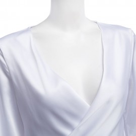 OL STYLE V-NECK LANTERN SLEEVE BOW BUST CROSS DESIGN PURE COLOR BLOUSE (WHITE, SIZE S/M/L/