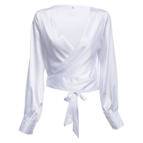 OL STYLE V-NECK LANTERN SLEEVE BOW BUST CROSS DESIGN PURE COLOR BLOUSE (WHITE, SIZE S/M/L/