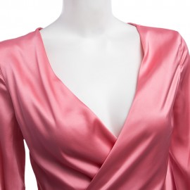OL STYLE V-NECK LANTERN SLEEVE BOW BUST CROSS DESIGN PURE COLOR BLOUSE (PINK, SIZE S/M/L/X