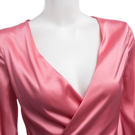 OL STYLE V-NECK LANTERN SLEEVE BOW BUST CROSS DESIGN PURE COLOR BLOUSE (PINK, SIZE S/M/L/X