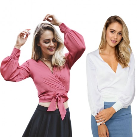 OL STYLE V-NECK LANTERN SLEEVE BOW BUST CROSS DESIGN PURE COLOR BLOUSE (PINK, SIZE S/M/L/X
