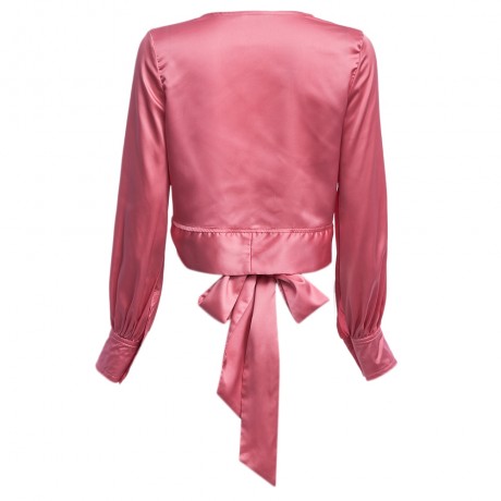 OL STYLE V-NECK LANTERN SLEEVE BOW BUST CROSS DESIGN PURE COLOR BLOUSE (PINK, SIZE S/M/L/X