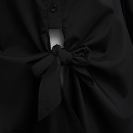 CASUAL TURN-DOWN COLLAR LONG SLEEVE BANDAGE DESIGN PURE COLOR BLOUSE (BLACK, SIZE S/M/L/XL