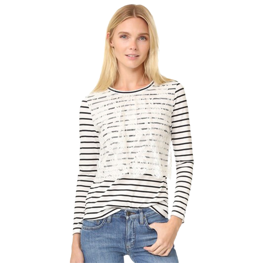 WOMEN'S LONG SLEEVE STRIPE LACE SPLICED BLOUSE (WHITE AND BLACK, SIZE S/M/L/XL)