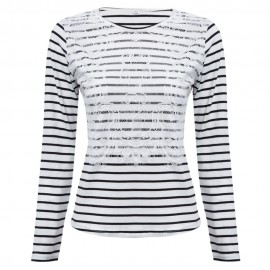 WOMEN'S LONG SLEEVE STRIPE LACE SPLICED BLOUSE (WHITE AND BLACK, SIZE S/M/L/XL)