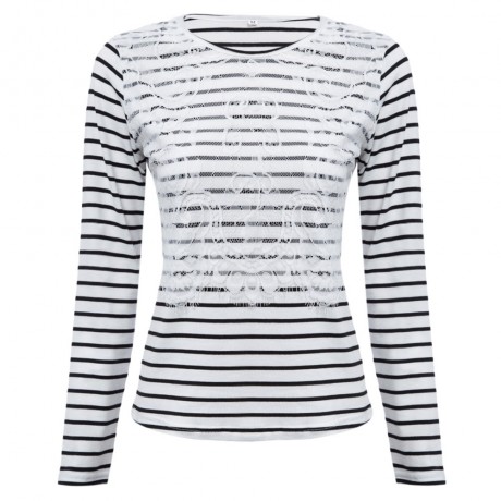 WOMEN'S LONG SLEEVE STRIPE LACE SPLICED BLOUSE (WHITE AND BLACK, SIZE S/M/L/XL)