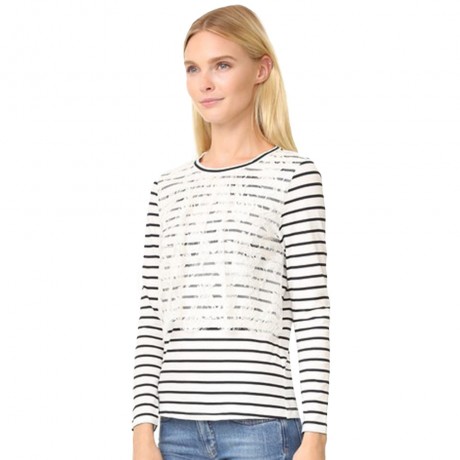 WOMEN'S LONG SLEEVE STRIPE LACE SPLICED BLOUSE (WHITE AND BLACK, SIZE S/M/L/XL)