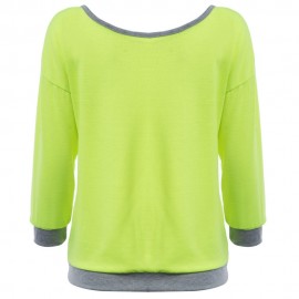 TRENDY ROUND COLLAR THREE QUARTER SLEEVE COLOR BLOCK SPLICED WOMEN BLOUSE (NEON GREEN, SIZ