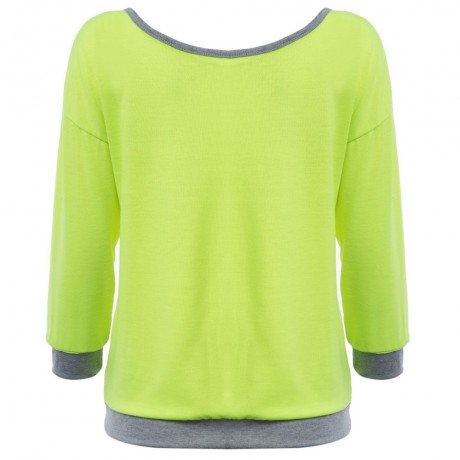 TRENDY ROUND COLLAR THREE QUARTER SLEEVE COLOR BLOCK SPLICED WOMEN BLOUSE (NEON GREEN, SIZ