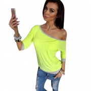TRENDY ROUND COLLAR THREE QUARTER SLEEVE COLOR BLOCK SPLICED WOMEN BLOUSE (NEON GREEN, SIZ
