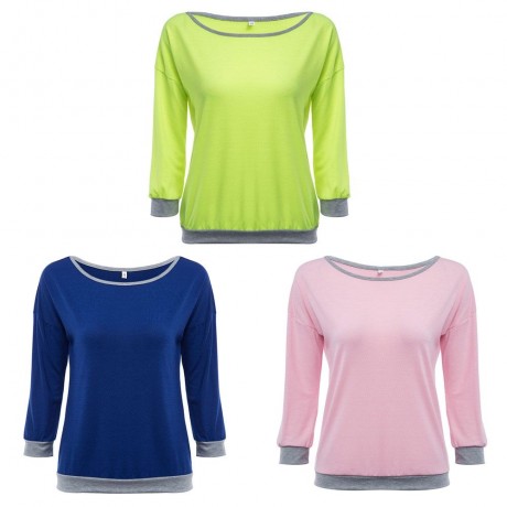 TRENDY ROUND COLLAR THREE QUARTER SLEEVE COLOR BLOCK SPLICED WOMEN BLOUSE (NEON GREEN, SIZ