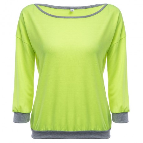 TRENDY ROUND COLLAR THREE QUARTER SLEEVE COLOR BLOCK SPLICED WOMEN BLOUSE (NEON GREEN, SIZ