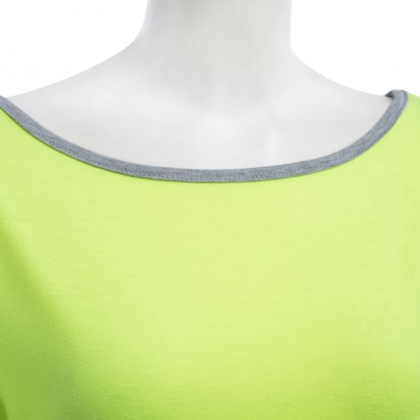 TRENDY ROUND COLLAR THREE QUARTER SLEEVE COLOR BLOCK SPLICED WOMEN BLOUSE (NEON GREEN, SIZ