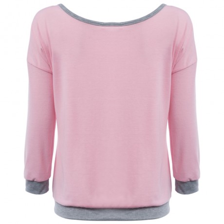 TRENDY ROUND COLLAR THREE QUARTER SLEEVE COLOR BLOCK SPLICED WOMEN BLOUSE (LIGHT PINK, SIZ