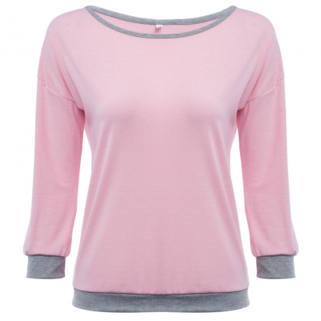 TRENDY ROUND COLLAR THREE QUARTER SLEEVE COLOR BLOCK SPLICED WOMEN BLOUSE (LIGHT PINK, SIZ