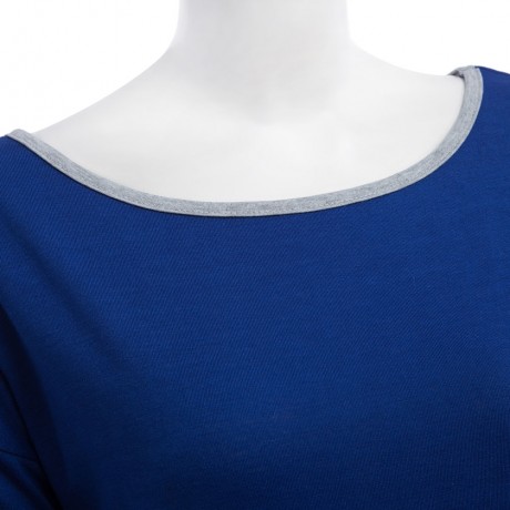 TRENDY ROUND COLLAR THREE QUARTER SLEEVE COLOR BLOCK SPLICED WOMEN BLOUSE (DEEP BLUE, SIZE