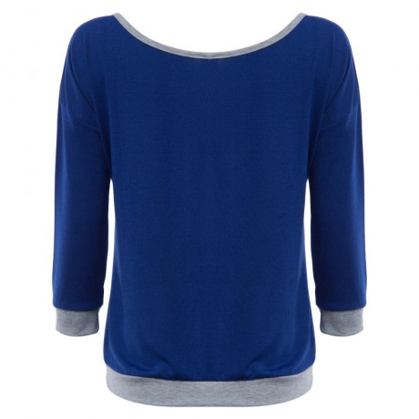 TRENDY ROUND COLLAR THREE QUARTER SLEEVE COLOR BLOCK SPLICED WOMEN BLOUSE (DEEP BLUE, SIZE
