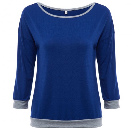 TRENDY ROUND COLLAR THREE QUARTER SLEEVE COLOR BLOCK SPLICED WOMEN BLOUSE (DEEP BLUE, SIZE