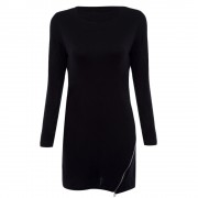 TRENDY ROUND NECK LONG SLEEVE ZIPPER DESIGN PURE COLOR SHEATHY BOTTOM WOMEN BLOUSE (BLACK,