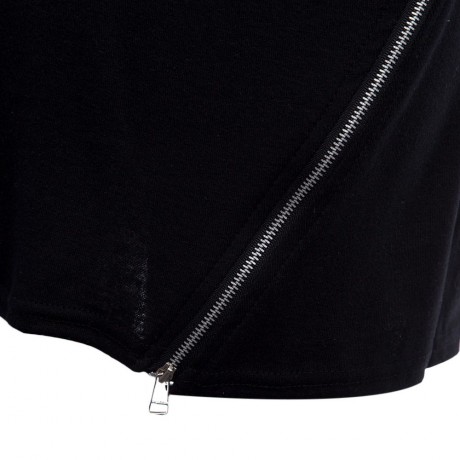 TRENDY ROUND NECK LONG SLEEVE ZIPPER DESIGN PURE COLOR SHEATHY BOTTOM WOMEN BLOUSE (BLACK,