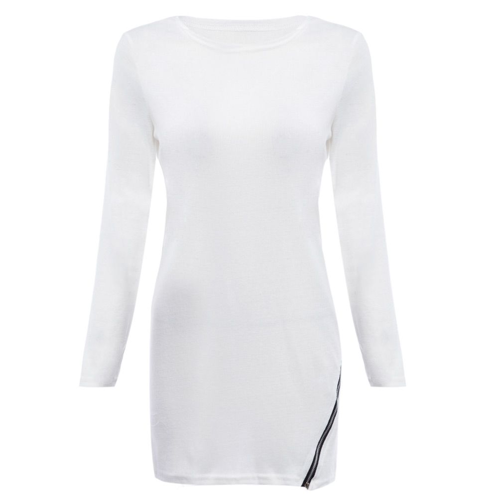 TRENDY ROUND NECK LONG SLEEVE ZIPPER DESIGN PURE COLOR SHEATHY BOTTOM WOMEN BLOUSE (WHITE,
