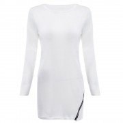 TRENDY ROUND NECK LONG SLEEVE ZIPPER DESIGN PURE COLOR SHEATHY BOTTOM WOMEN BLOUSE (WHITE,