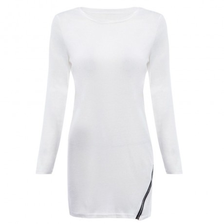 TRENDY ROUND NECK LONG SLEEVE ZIPPER DESIGN PURE COLOR SHEATHY BOTTOM WOMEN BLOUSE (WHITE,