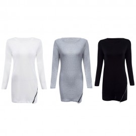 TRENDY ROUND NECK LONG SLEEVE ZIPPER DESIGN PURE COLOR SHEATHY BOTTOM WOMEN BLOUSE (WHITE,