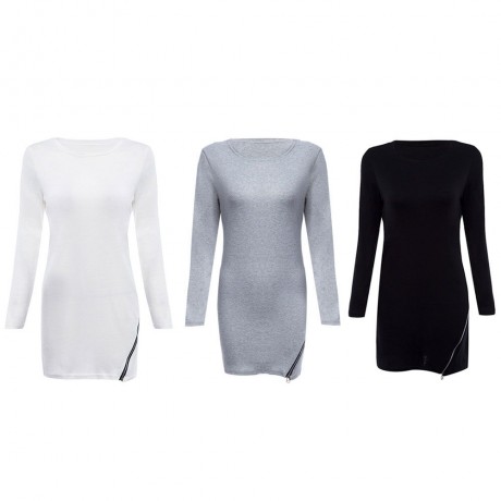 TRENDY ROUND NECK LONG SLEEVE ZIPPER DESIGN PURE COLOR SHEATHY BOTTOM WOMEN BLOUSE (LIGHT 