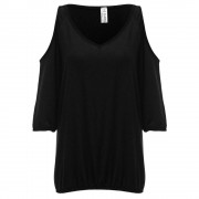 V-NECK CUT OUT THREE QUARTER SLEEVE LOOSE WOMEN BLOUSE (BLACK, SIZE S/M/L/XL)