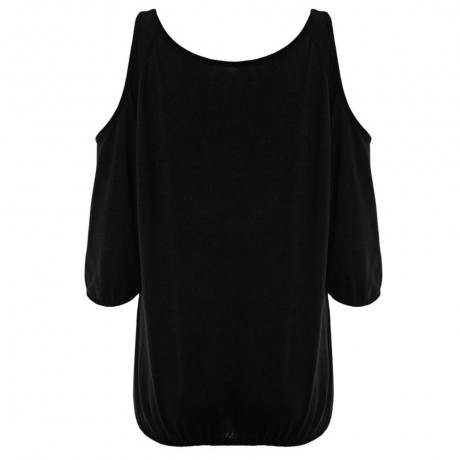 V-NECK CUT OUT THREE QUARTER SLEEVE LOOSE WOMEN BLOUSE (BLACK, SIZE S/M/L/XL)