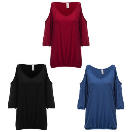 V-NECK CUT OUT THREE QUARTER SLEEVE LOOSE WOMEN BLOUSE (BLACK, SIZE S/M/L/XL)