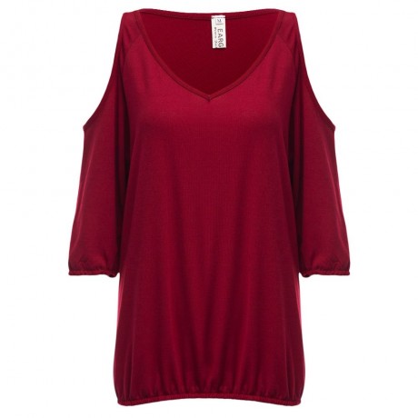 V-NECK CUT OUT THREE QUARTER SLEEVE LOOSE WOMEN BLOUSE (WINE RED, SIZE S/M/L/XL)