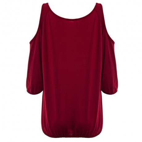 V-NECK CUT OUT THREE QUARTER SLEEVE LOOSE WOMEN BLOUSE (WINE RED, SIZE S/M/L/XL)