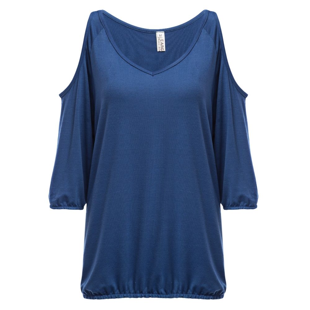 V-NECK CUT OUT THREE QUARTER SLEEVE LOOSE WOMEN BLOUSE (BLACK, SIZE S/M/L/XL)