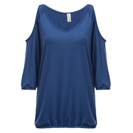 V-NECK CUT OUT THREE QUARTER SLEEVE LOOSE WOMEN BLOUSE (BLACK, SIZE S/M/L/XL)