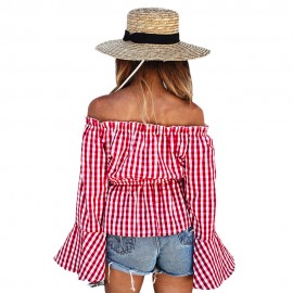 OFF THE SHOULDER STRAPLESS FLARE SLEEVE STRIPED WOMEN BLOUSE (RED, SIZE S/M/L/XL)