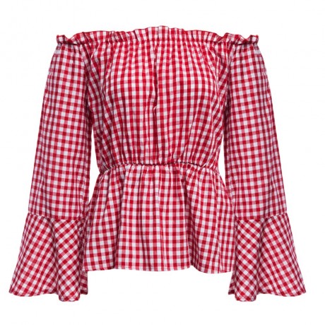 OFF THE SHOULDER STRAPLESS FLARE SLEEVE STRIPED WOMEN BLOUSE (RED, SIZE S/M/L/XL)