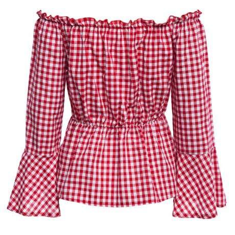 OFF THE SHOULDER STRAPLESS FLARE SLEEVE STRIPED WOMEN BLOUSE (RED, SIZE S/M/L/XL)