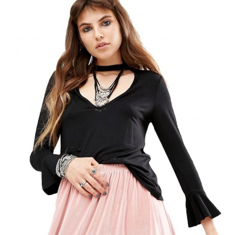 WOMEN'S V-NECK FLARE SLEEVE TOP BLOUSE (BLACK, SIZE S/M/L/XL)
