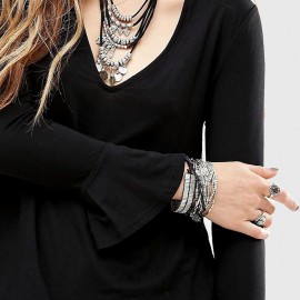 WOMEN'S V-NECK FLARE SLEEVE TOP BLOUSE (BLACK, SIZE S/M/L/XL)