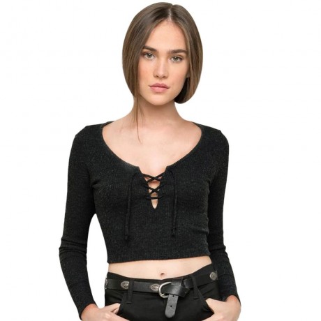 WOMEN'S LONG SLEEVE SEXY CRISS-CROSS DESIGN KNITTED CROP TOP (GRAY, SIZE S/M/L/XL)