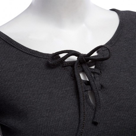 WOMEN'S LONG SLEEVE SEXY CRISS-CROSS DESIGN KNITTED CROP TOP (GRAY, SIZE S/M/L/XL)
