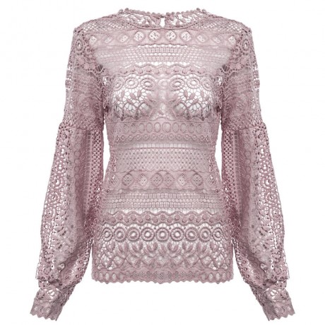 WOMEN'S LANTERN SLEEVE HOLLOW OUT LACE BLOUSE (PINK, SIZE S/M/L/XL)