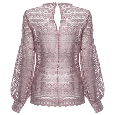 WOMEN'S LANTERN SLEEVE HOLLOW OUT LACE BLOUSE (PINK, SIZE S/M/L/XL)