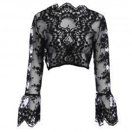 SEXY V-NECK FLARE SLEEVE SEE-THROUGH / TRANSPARENT / EMBROIDERY LACE CROP TOP  (BLACK, SIZ