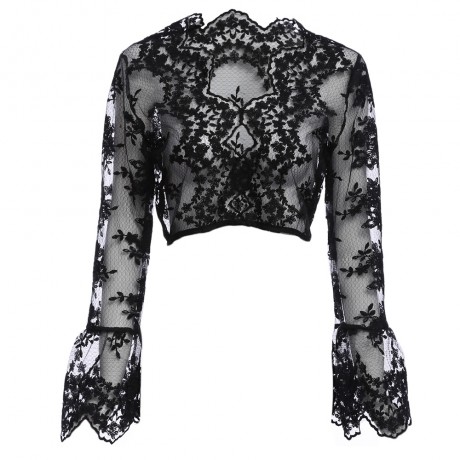 SEXY V-NECK FLARE SLEEVE SEE-THROUGH / TRANSPARENT / EMBROIDERY LACE CROP TOP  (BLACK, SIZ
